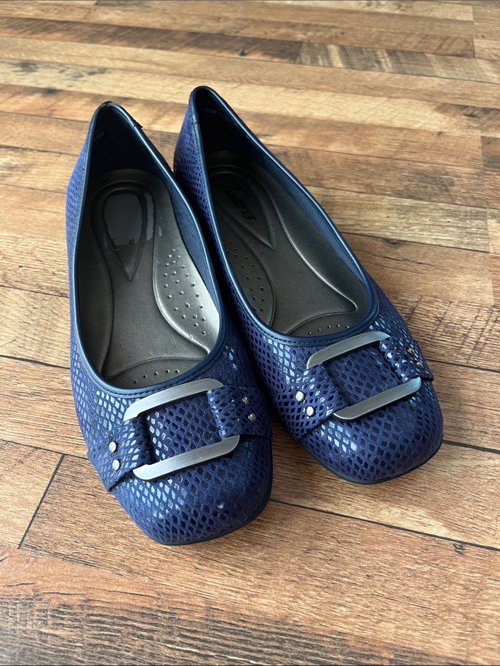 Trotters Navy Textured Slip-On Ballet Flats with Metal Accent